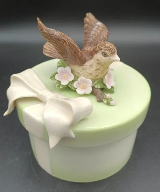 Trinket Box Jewelry Dish Brown Bird Flowers Ribbon Sparrow Lidded Ceramic