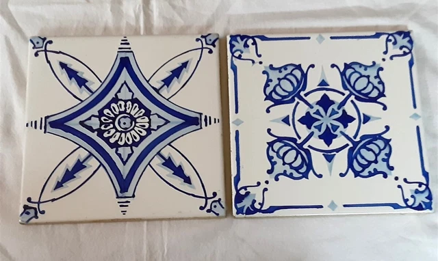 2 Spanish Ceramic Tiles Hand Painted Spain Blue Trivet 8" Cork Back