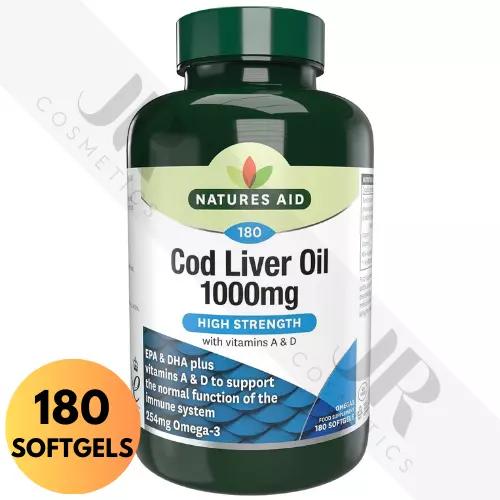 Olio di fegato di merluzzo Natures Aid 1000 mg alta resistenza | Omega-3, vitamine A & D - 180