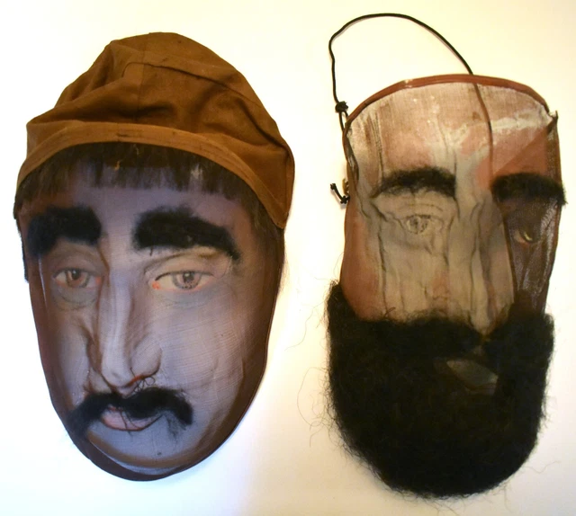 Pair of Antique IOOF Odd Fellows Wire Mesh Masks w Facial Hair, 1 w cloth shroud