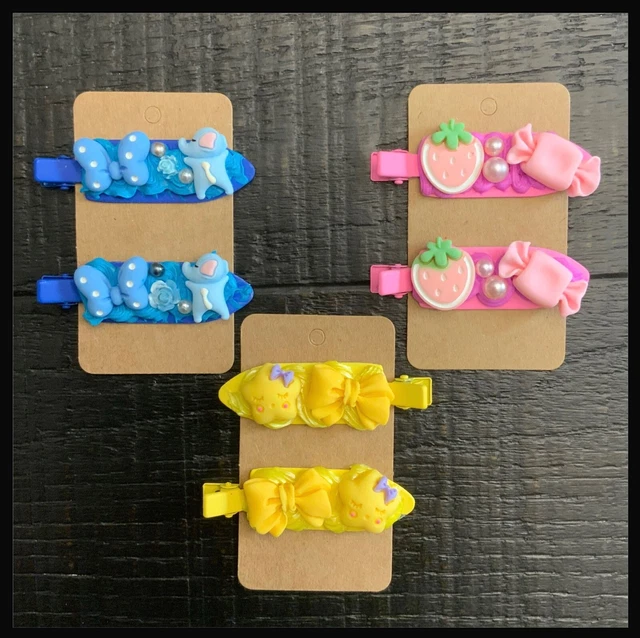 3 Pair Of Girls Decoden Barrettes for $7.00 - Three Pairs - Pink / Blue / Yellow