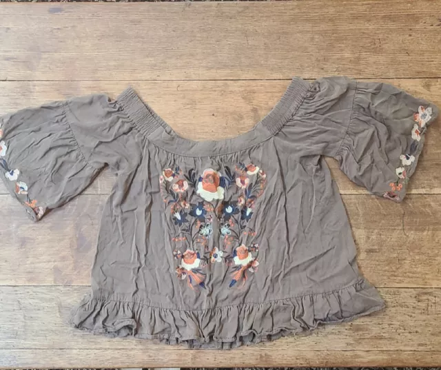 Umgee Boho Blouse Floral Embroidered Off Shoulder Ruffle Beige Sz S Peasant Top