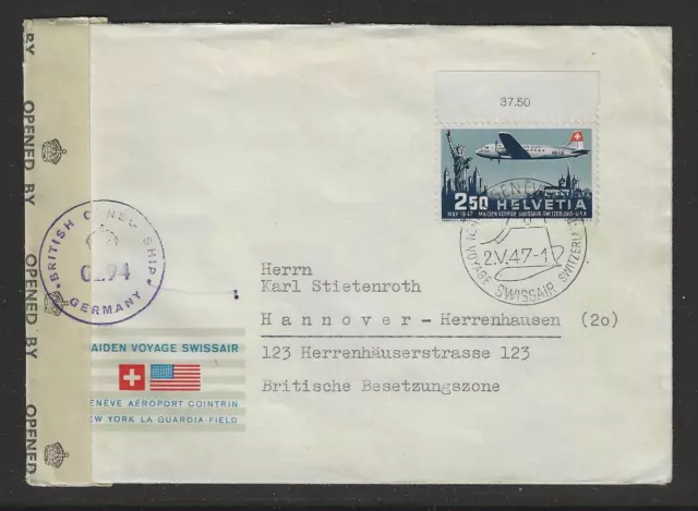 Schweiz FDC von 1947 Ersttagsbrief mit Mi.Nr. 479 Erstflug der Swissair Genf- NY