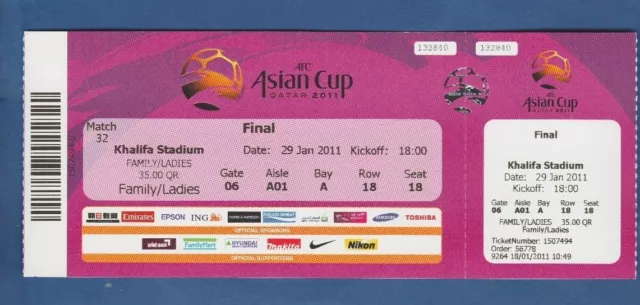 Billet original Championnat d'Asie QATAR 2011 FINALE JAPON - AUSTRALIE !!  TOP