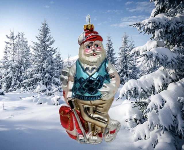5.5” Golfing Santa Christmas Ornament Golf Bag Hanging Blown Glass Glitter NWT