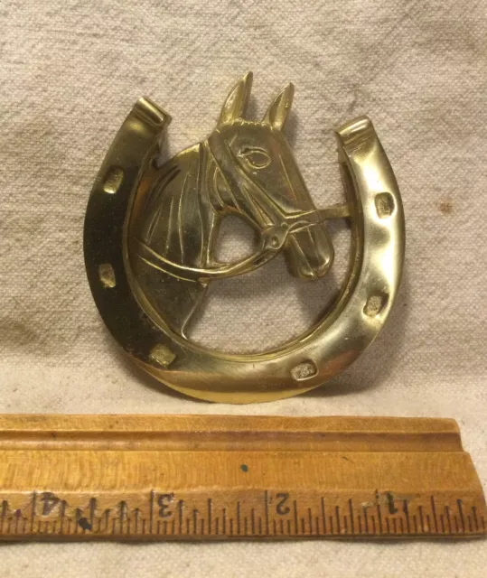 Solid Brass 4” Horse Head W/Horseshoe Door Knocker Vintage