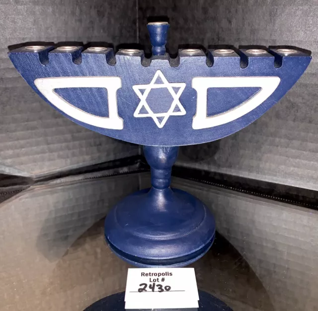 Blue WOODEN Menorah Candle Holder