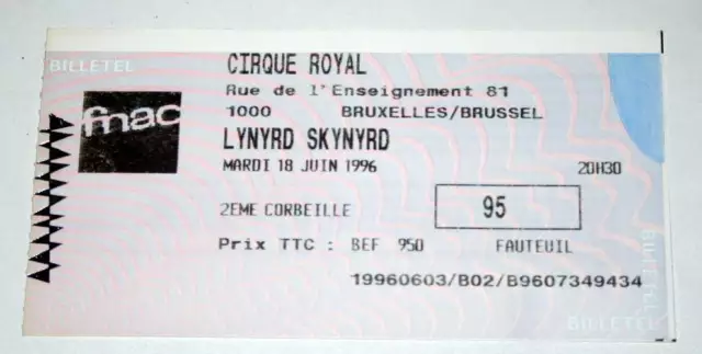 LYNYRD SKYNYRD : Rare billet ticket concert BELGIUM Brussels 18/06/1996