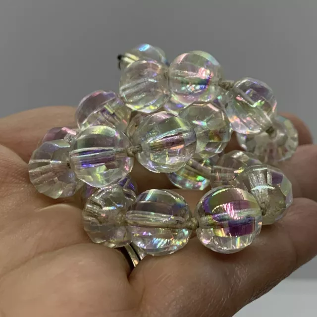 Vtg Art Deco Ribbed Iris Rainbow Glass Bead Choker Necklace Knotted 14” Rare