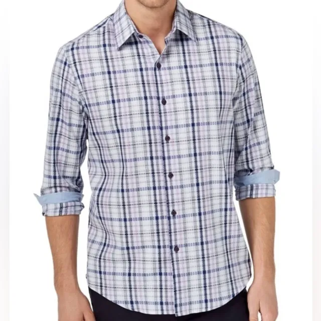Tasso Elba men’s cotton button front long sleeve shirt. Purple plaid. Size XXL