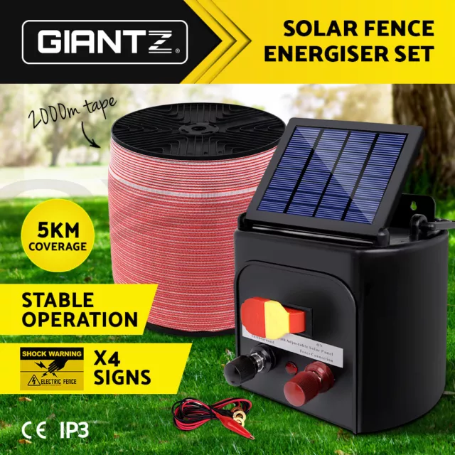 Giantz Electric Fence Energiser 5km Solar Power Charger Set + 2000m Tape