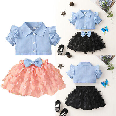 Toddler Infant Baby Girls Puff Sleeve Shirts High Waist Butterfly Tutu Skirt Set