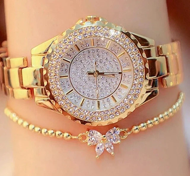 Armbanduhr mit Armkette  Schmuckset Uhren Damen  Mädchen Golden Strass Geschenk