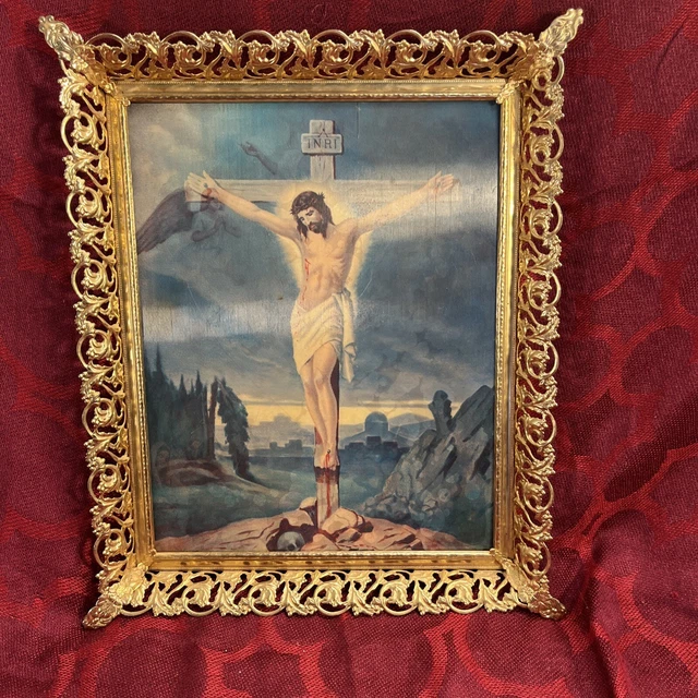 VINTAGE MCM LENTICULAR Jesus On Cross Holographic 3D Metal Gold Tone ...