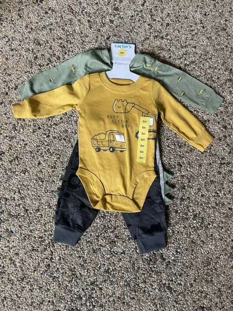 Carters Baby Boy Two Outfits Adorable. Size 6 Months Dinasour & Busy Little Guy
