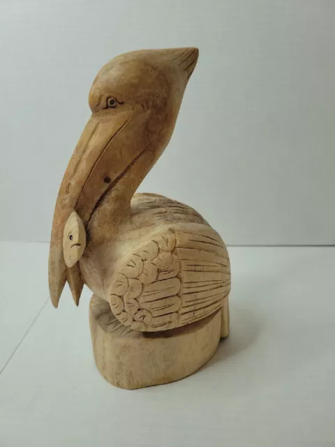 Hand Carved Wooden Pelican with Fish in Mouth 9x5" Nautical Decor Fisherman