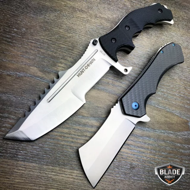 2 PC Survival Hunting Tactical Fixed Blade + Carbon Fiber Cleaver Pocket Knife