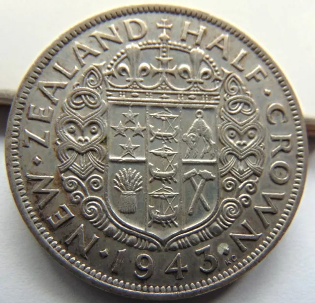 1943 NEW ZEALAND George VI Silver Half Crown, Grade Good VERY FINE .#12.3