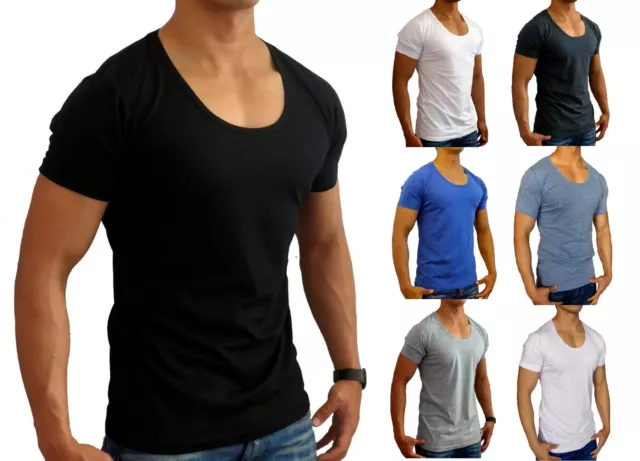 New Mens Plain Deep Scoop T Shirt Slim Fit S - Xxl Euro Casual Muscle Fashion