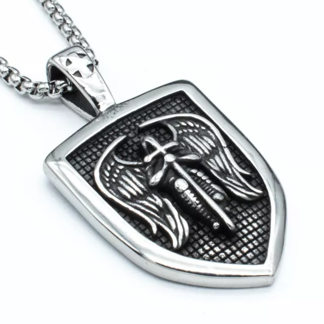 316L Stainless Steel Archangel Saint St Michael Medal Shield Pendant Necklace