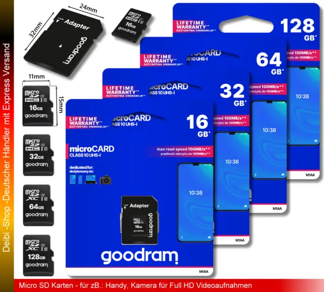 Micro SD Speicher Karte Class 10 MicroSDHC 4GB 8GB 16GB 32GB 64GB 128GB Goodram