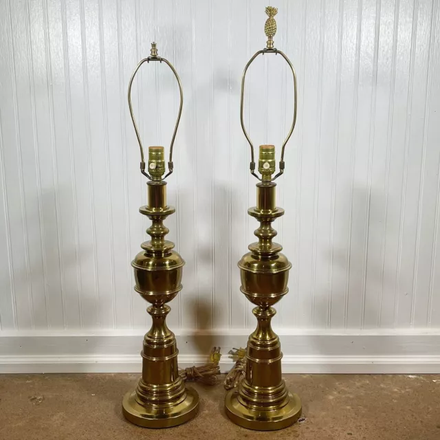 Vintage Stiffel Style Heavy Mid Century Modern Urn Brass Table Lamps PAIR RARE