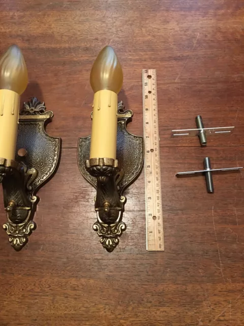 Wired Pair Antique Brass Wall Sconce Fixtures W/ Wired On Off Switches 3B 3