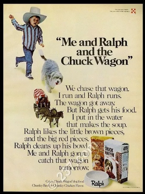 1975 Bearded Collie chasing little covered wagon Chuck Wagon dog food print ad