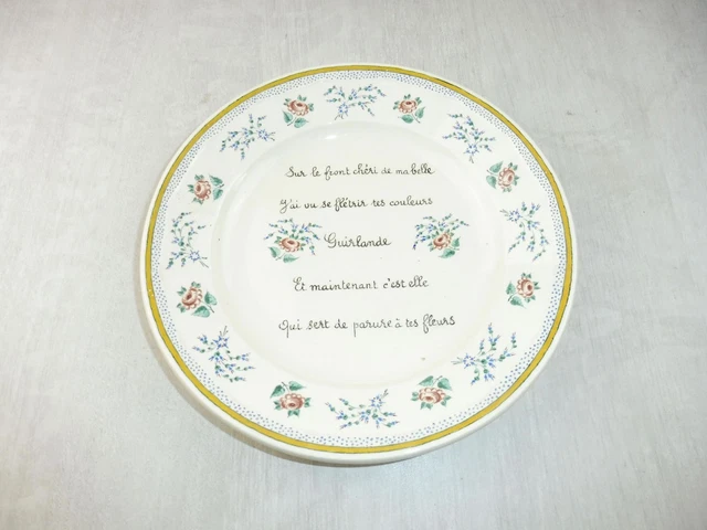 Ancienne assiette, peinte main, texte, Longwy Nancy