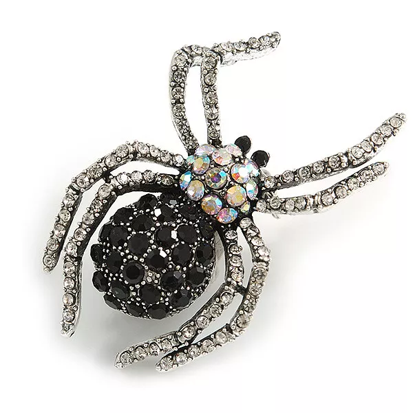 Vintage Inspired Black/ Clear/ Ab Crystal Spider Brooch In Aged Silver Tone