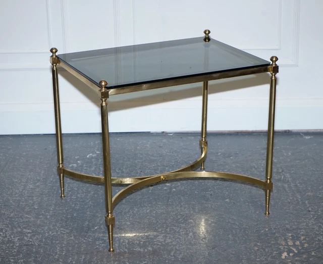 Mesa De Café Francesa Hollywood Regency Años 60 Latón Y Vidrio Ahumado