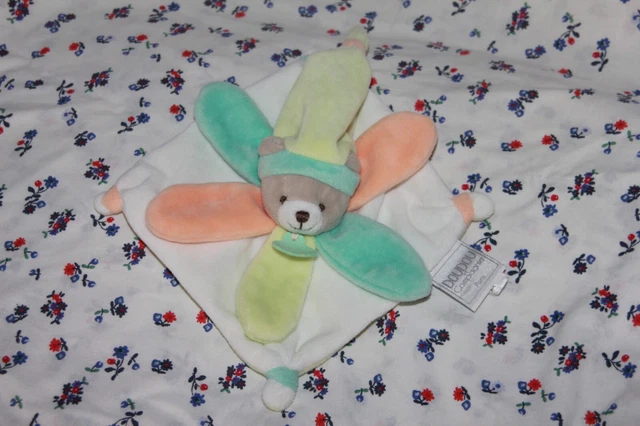 DOUDOU et COMPAGNIE OURS MINI COLLECTOR PLAT  BLANC  PETALE VERT ORANGE NEUF