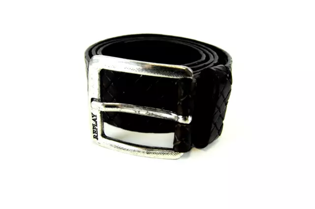 REPLAY Men Belt 85 cm Black Genuine Cow Leather Metal Buckle Pattern Square-End