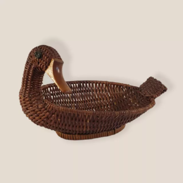Vintage Wicker Rattan Duck Basket with Wooden Beak Planter Cozy Boho Home Decor
