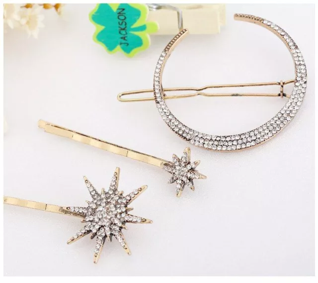 Vintage Star Moon Hairpin Rhinestone Crystal Hair Clip Fashion Jewelry Accessory 3