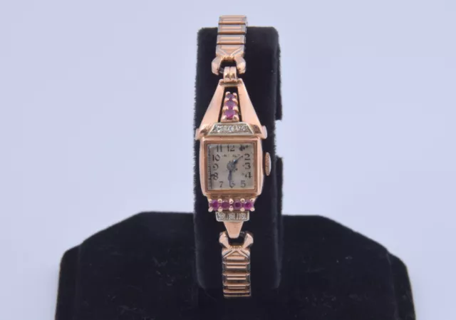 Vintage Bruk SOLID 14K Yellow Gold Ruby & Diamond 17 Jewels Swiss Watch