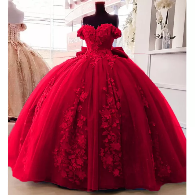 Princess Quinceanera Dress 3D Floral Applique Off Shoulder Sweet 15 16 With Bow