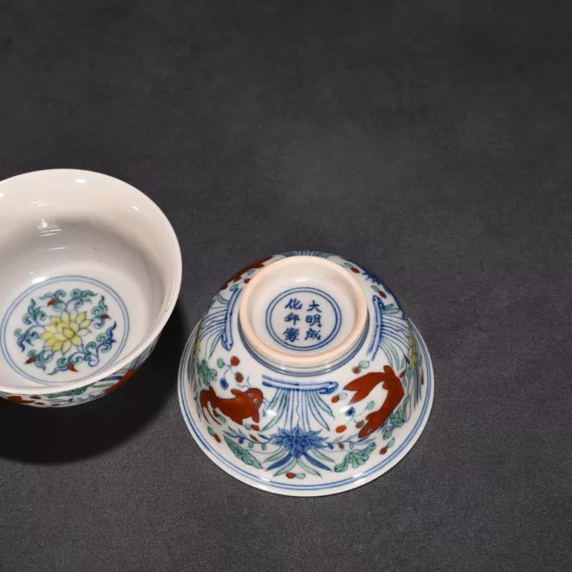 3.2" China old dynasty Porcelain chenghua mark pair Doucai Lotus fish algae bowl 2