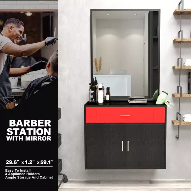 Artist hand Wall Mounted Barber Stylist Station Beauty Salon with Drawer, Mirror