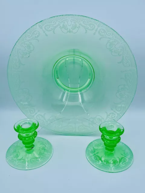 Cambridge Emerald Green Vaseline  Glass Large Console Bowl Matching Candlesticks 2