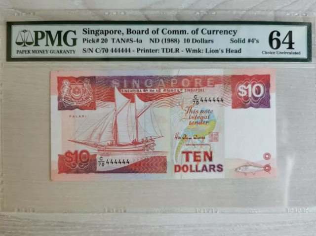 Lucky Solid Number 444444 Singapore Ship Series Banknote PMG 64 NICE