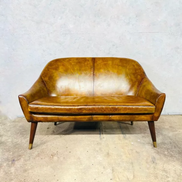 Stylish Neat Light Tan Leather Two Seater Sofa , Mahogany Brass Capped Legs