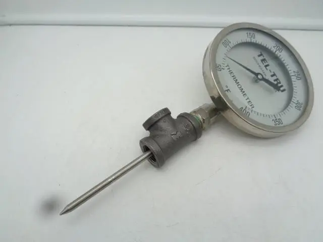 Tel-Tru Thermometer 50-400 Degree F w/ 5" diameter Face and 6" stem Steampunk