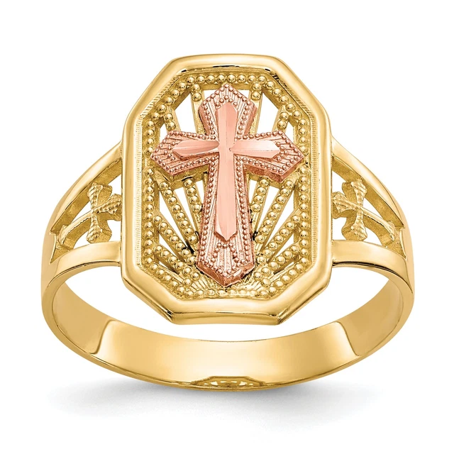 10K Gold zweifarbig filigran Kreuzring Schmuck Größe 6
