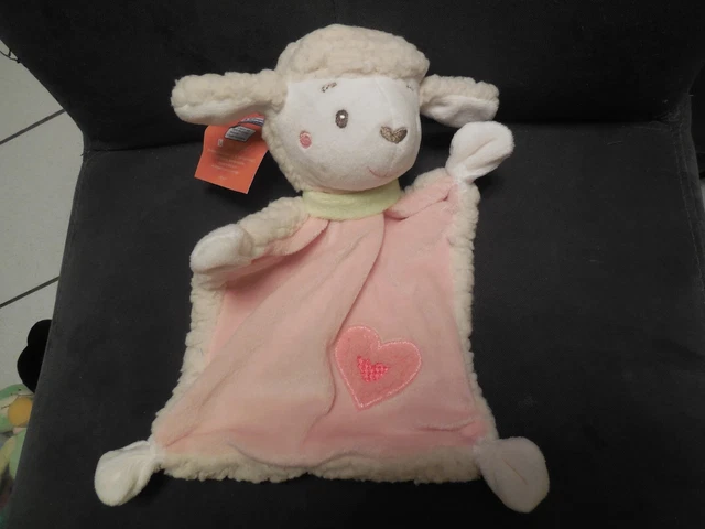 doudou plat mouton blanc rose brodé coeur PUSBLU DM