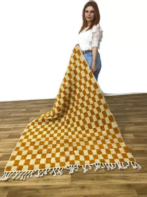 Gorgeous Rug Handmade Carpet Checkred Boho Hallway Stunning Runner Wool Yellow