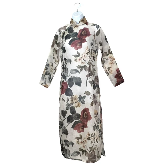 Asian Inspired Sm Cover Up Long Top Beige Floral Side Slits Mandarin Handmade