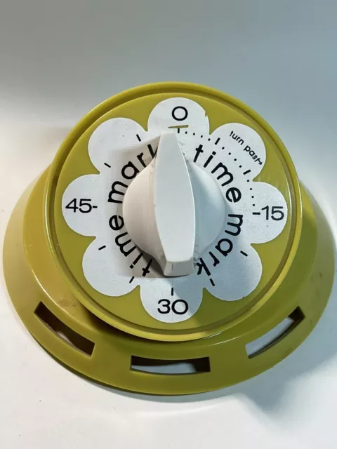 Vintage Mark Time Kitchen Timer 70s Yellow W/ Center Flower Works One Hour Bell