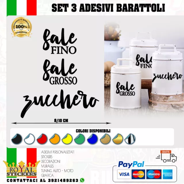 SET 3 ADESIVI per BARATTOLI da cucina SALE GROSSO SALE FINO ZUCCHERO  stickers EUR 6,90 - PicClick IT