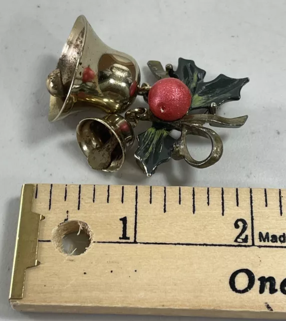 Vintage Art Deco Brooch Gold Tone Green Holiday Bells Fashion Wear Collectible